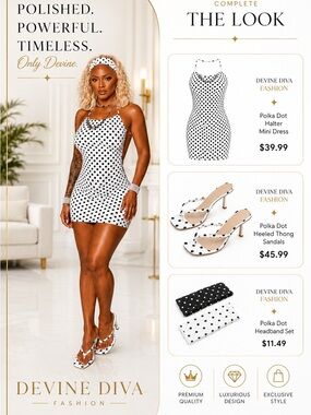 Devine Diva Polka Dot Halter Mini Dress - White with Black Dots